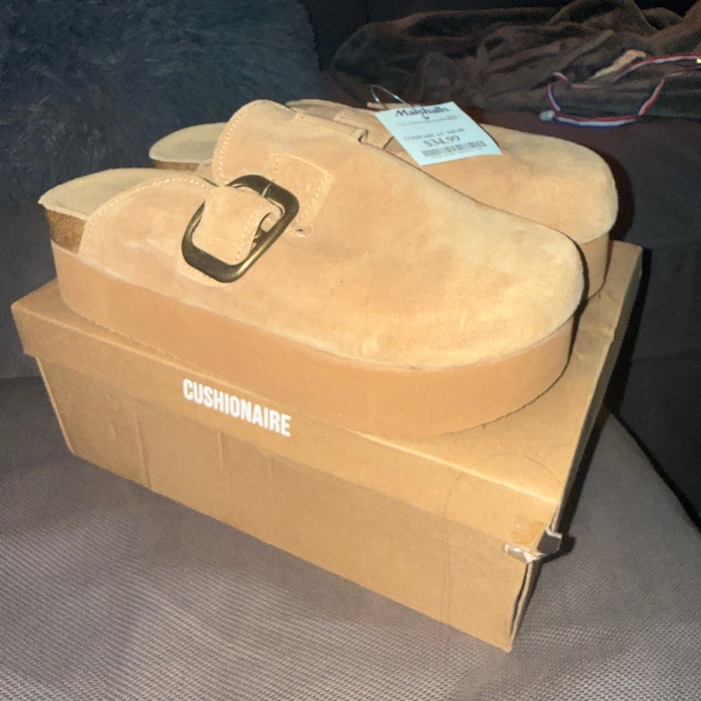 Cushionaire Tan Suede Platform Mules
